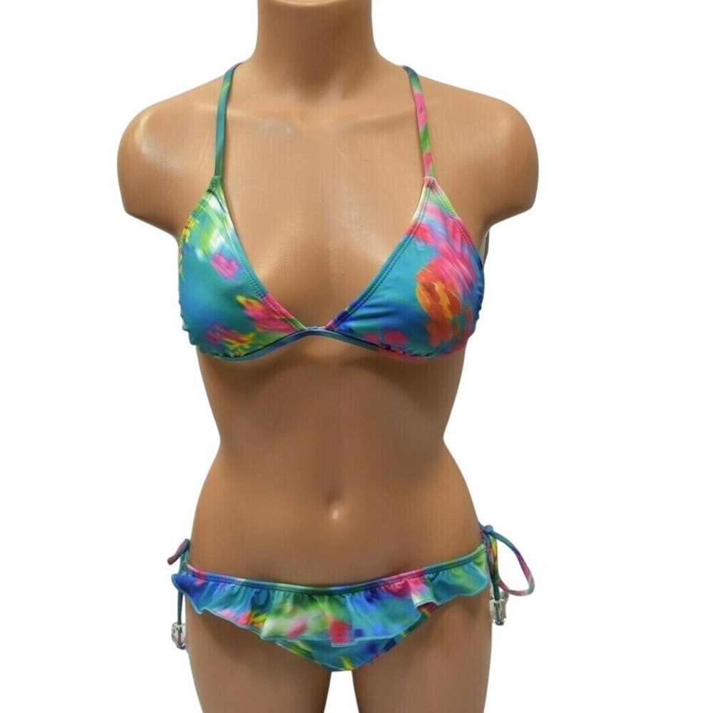 Guess Womens Multicolor Tropical Floral Ruffle Triangle Bikini Set Blue New - Picture 5 of 11